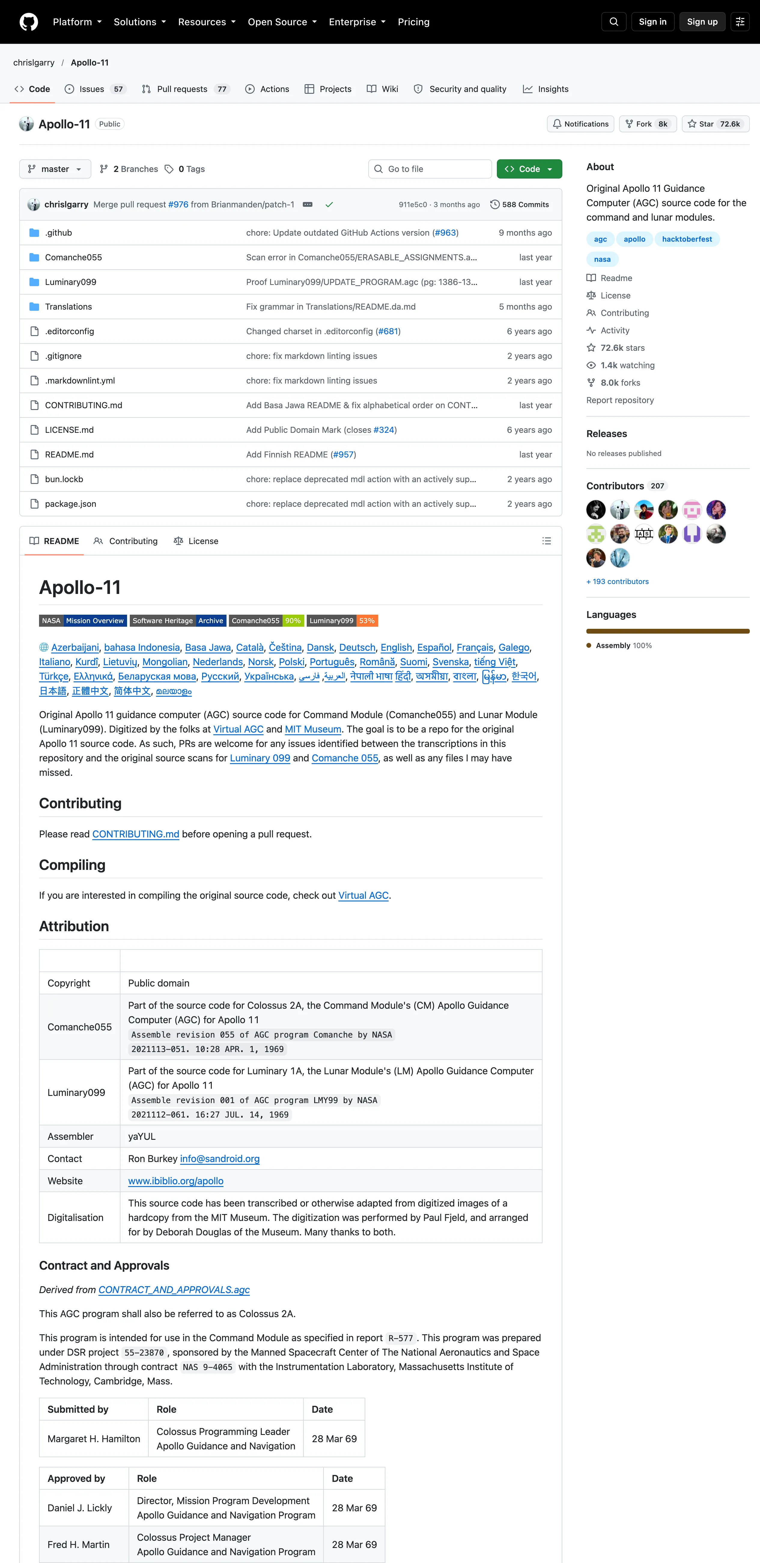 El repositorio chrislgarry/Apollo-11 en GitHub: las carpetas Comanche055 y Luminary099 y, en el README, la tabla de aprobaciones con Margaret H. Hamilton como responsable